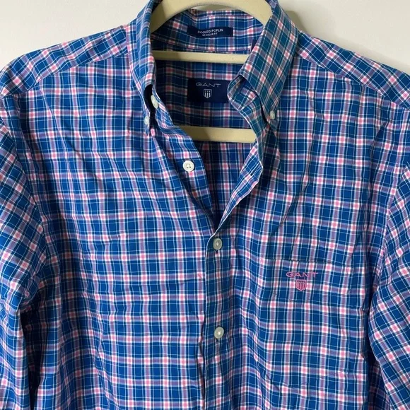 GANT Dogleg Poplin Blue/Pink Checked Shirt Medium - Picture 2 of 6